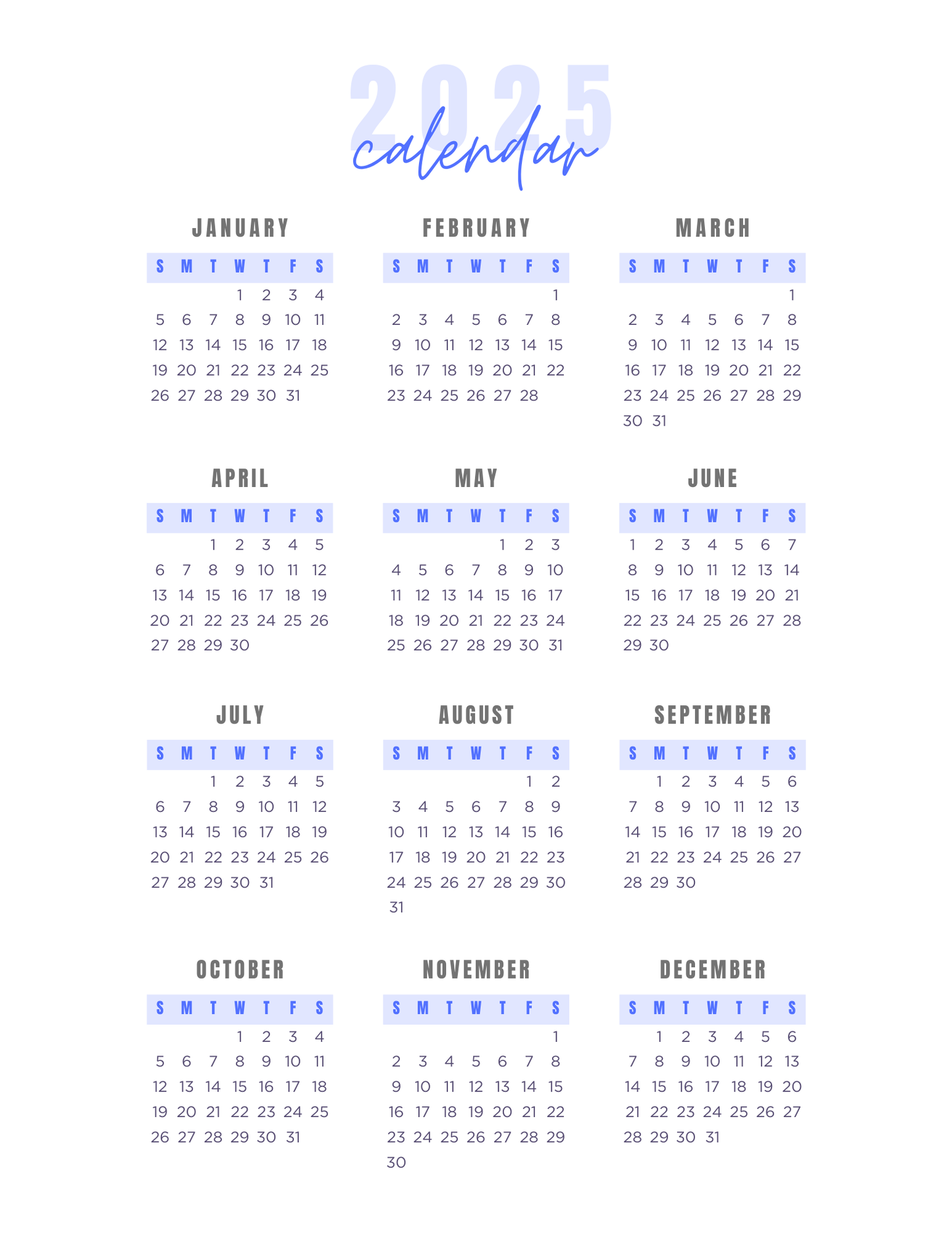 Calm Blue | 12-Month 2025 Calendar