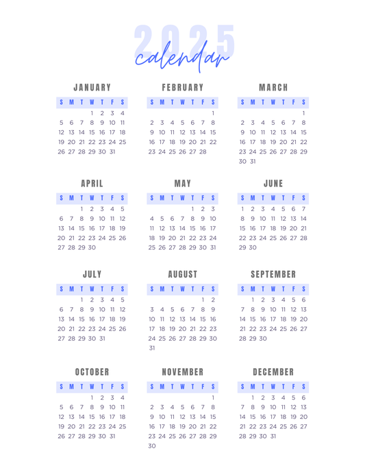 Calm Blue | 12-Month 2025 Calendar