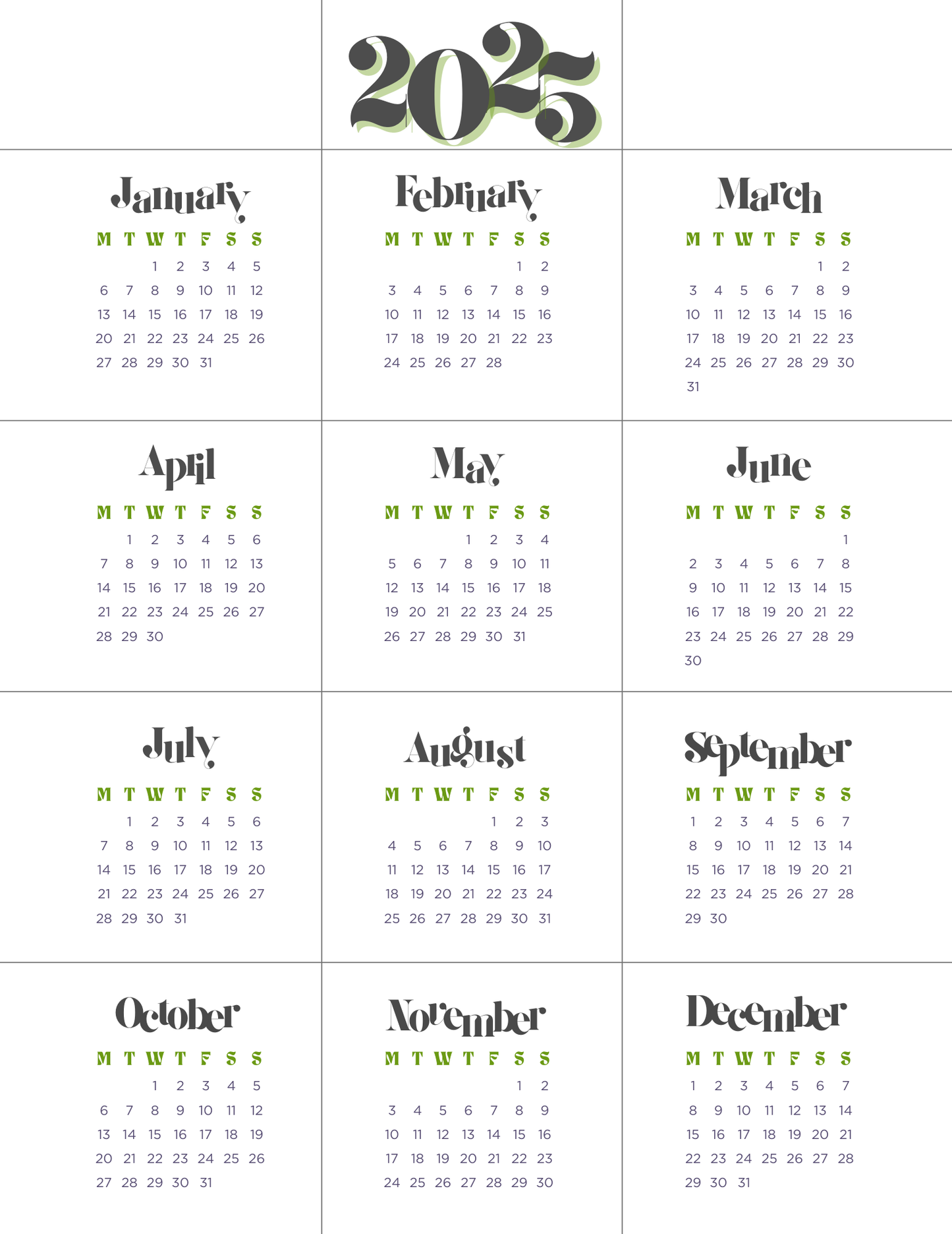 Groovy Green Accents | 12-Month 2025 Calendar