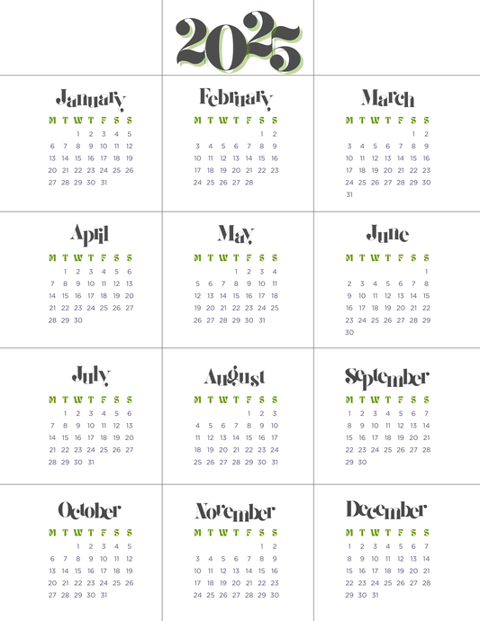 Groovy Green Accents | 12-Month 2025 Calendar