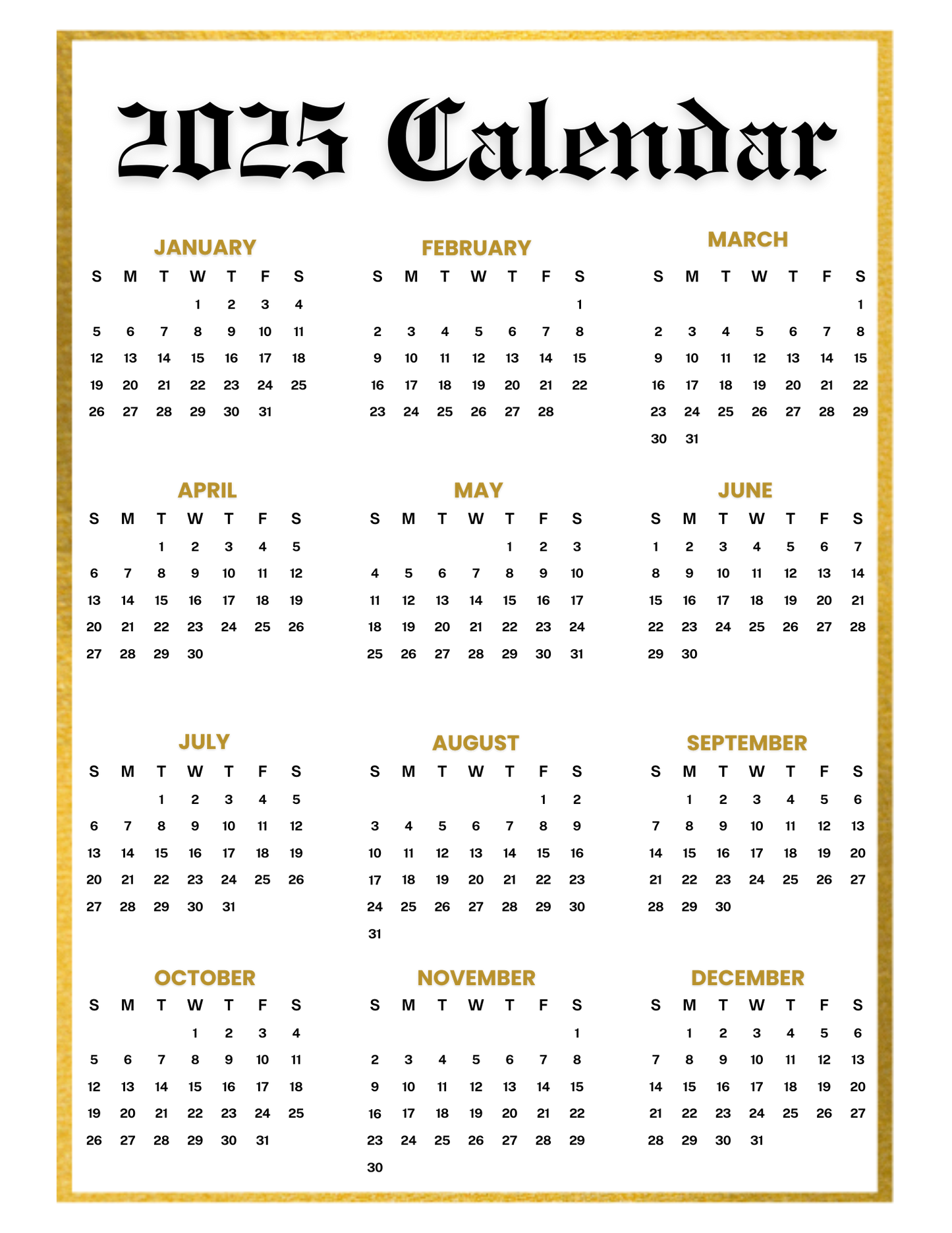 Custom 2025 Photo Calendar - Gold