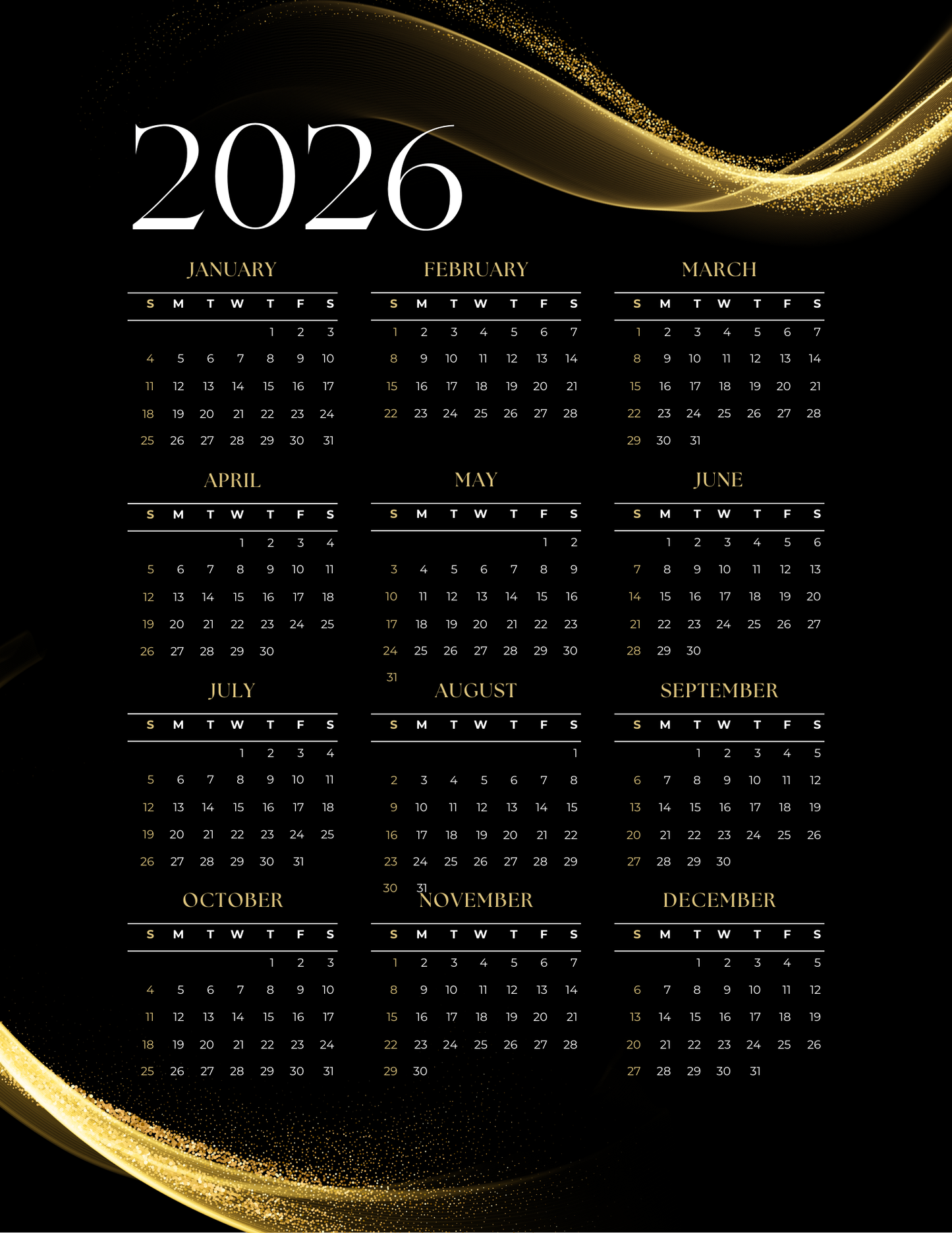 Gold Sparkle | 12-Month 2026 Calendar