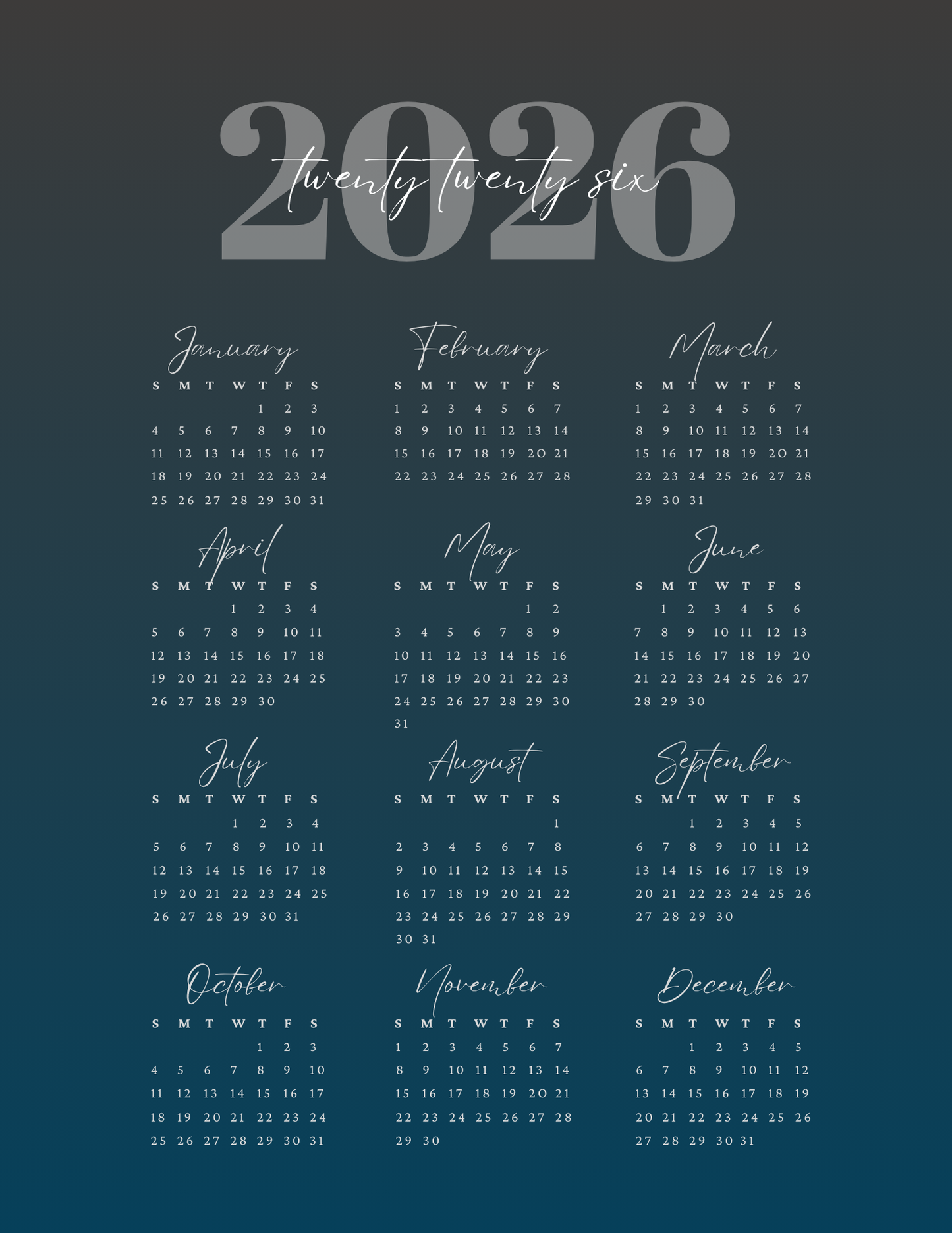Blue Gradient | 12-Month 2026 Calendar