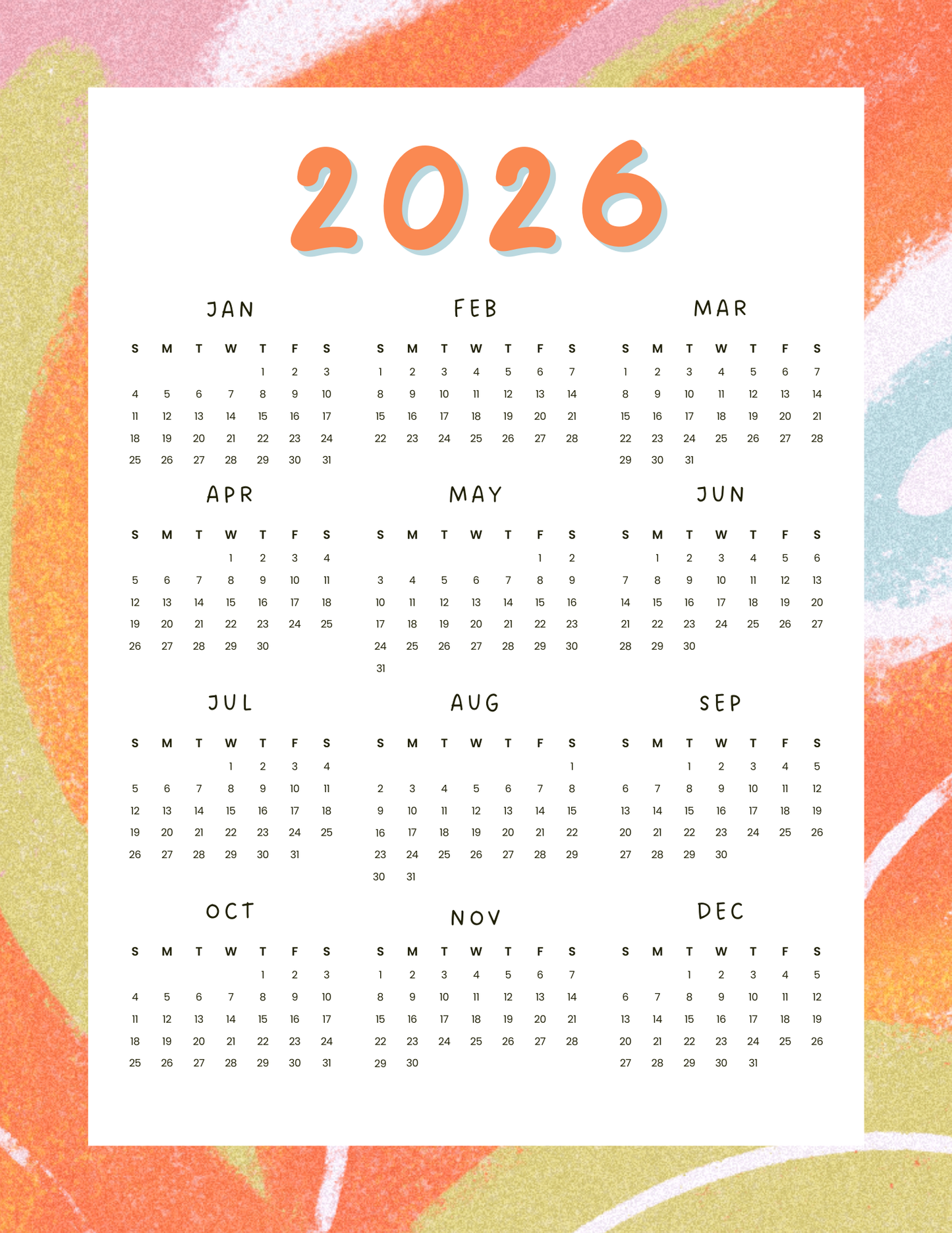 Artsy Orange | 12-Month 2026 Calendar