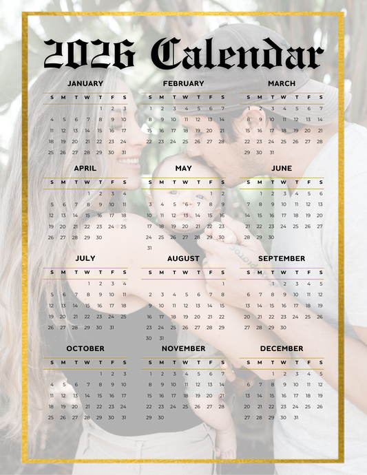 Full Photo (Gold) | 12-Month 2026 Photo Calendar