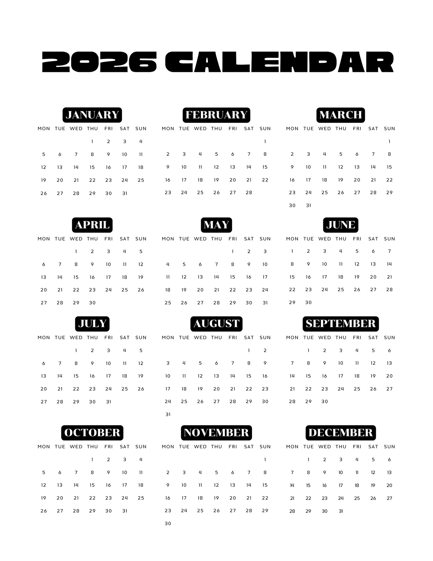 Full Photo (Bold) | 12-Month 2026 Photo Calendar