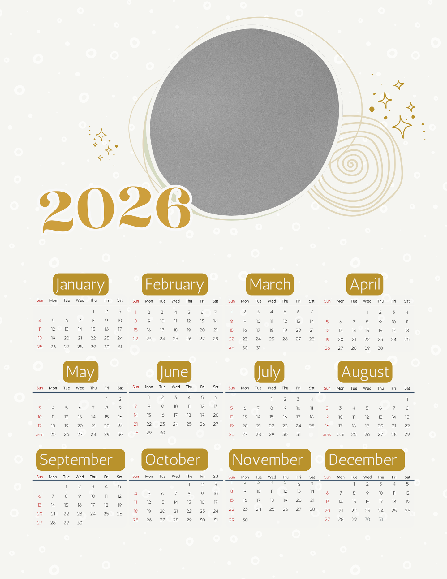 Gold | 12-Month 2026 Photo Calendar