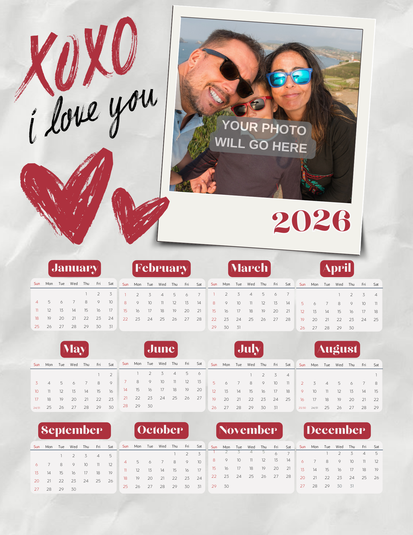 XOXO | 12-Month 2026 Photo Calendar
