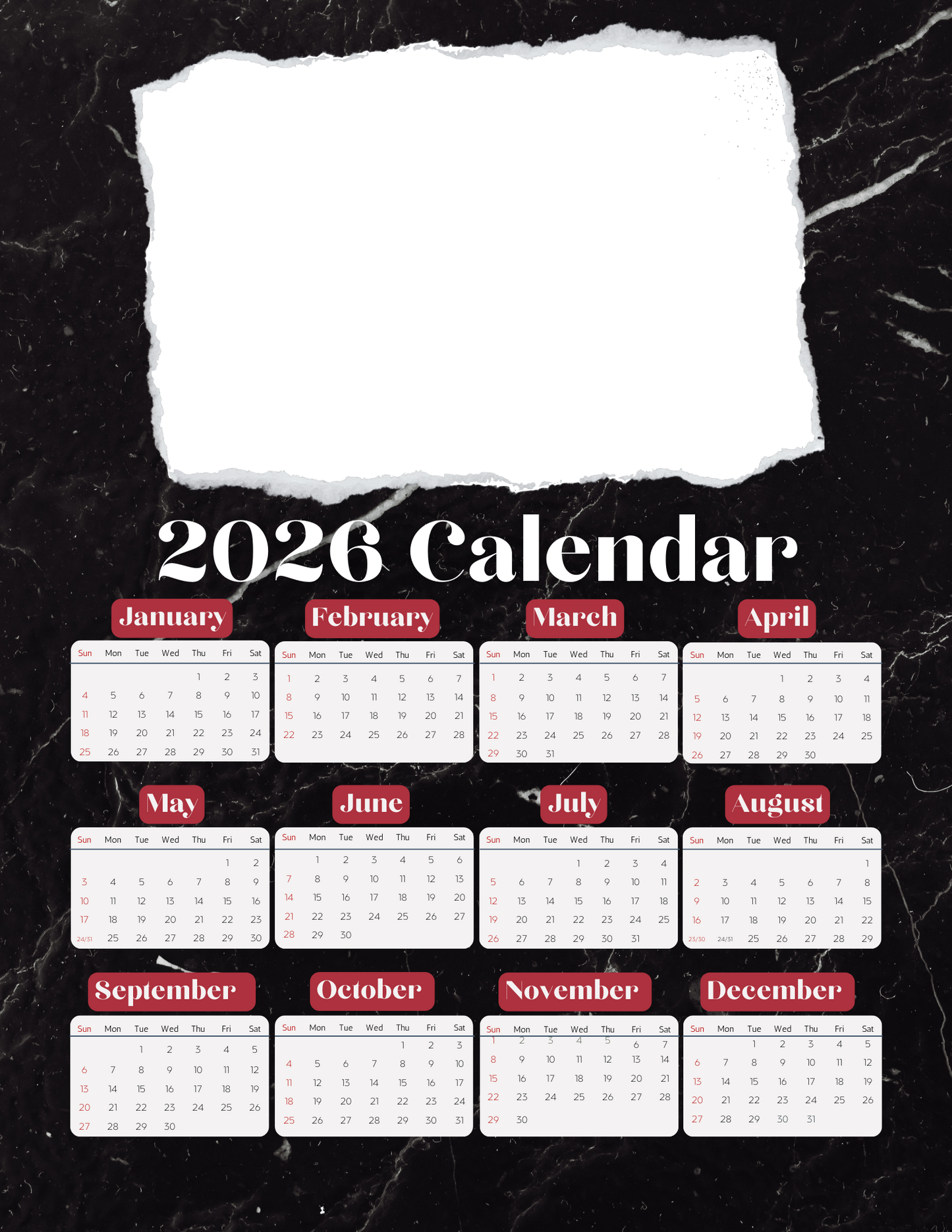 Black Marble | 12-Month 2026 Photo Calendar
