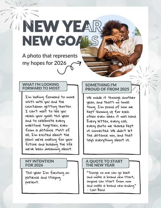 New Year's resolution card with a couple on a bench, text fields for goals and reflections, and decorative elements.