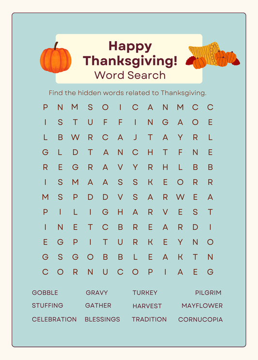 Thanksgiving Word Search Card | Thanksgiving Card