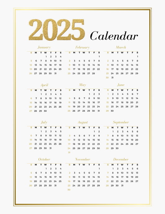 Glam Gold | 12-Month 2025 Calendar