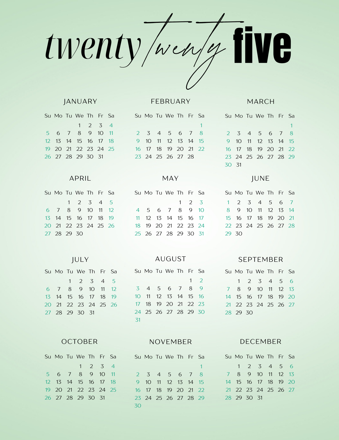 Sage Serenity | 12-Month 2025 Calendar