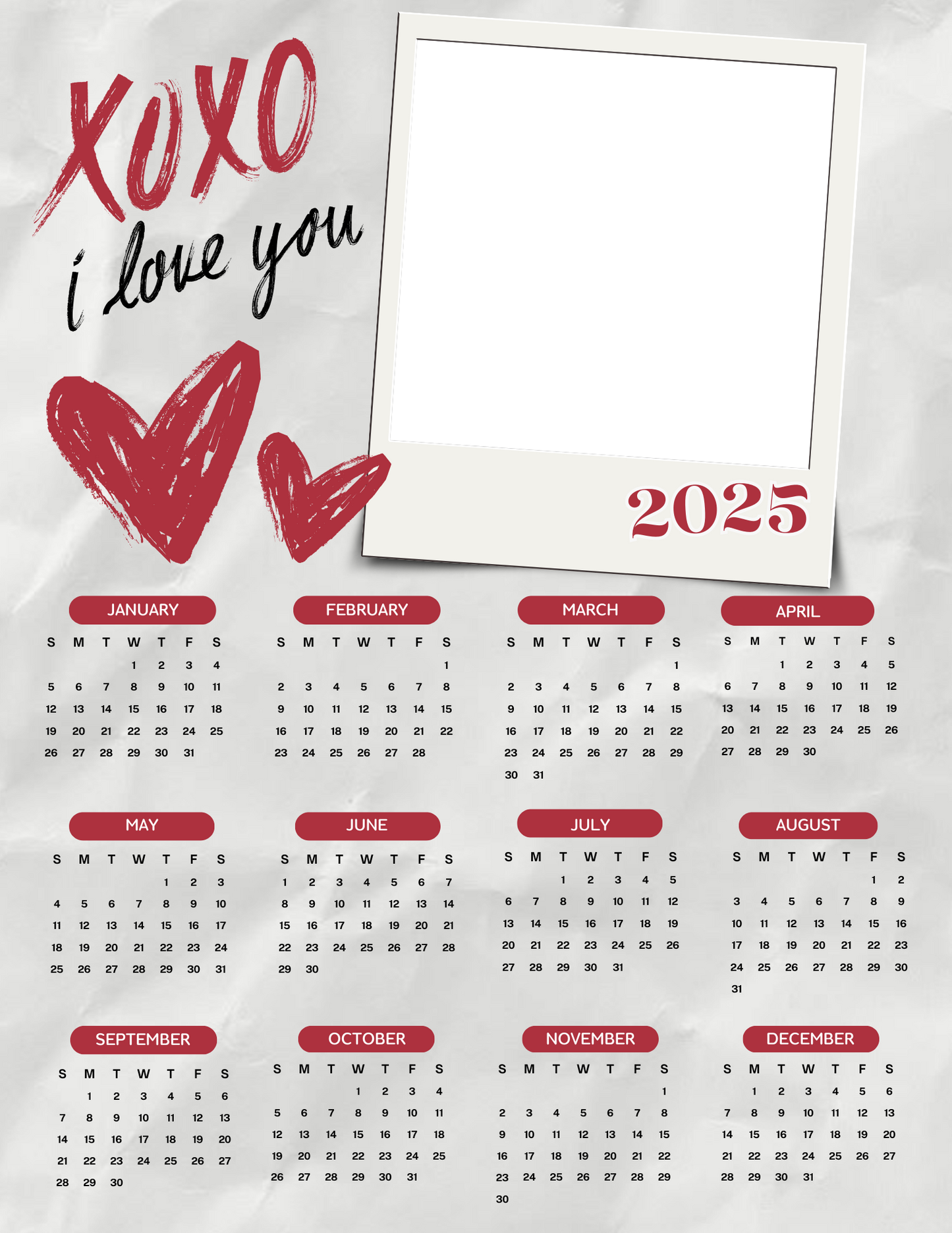 Personalized 2025 Photo Calendar - XOXO I love You