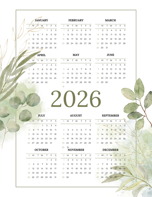 Peaceful Greenery | 12-Month 2026 Calendar