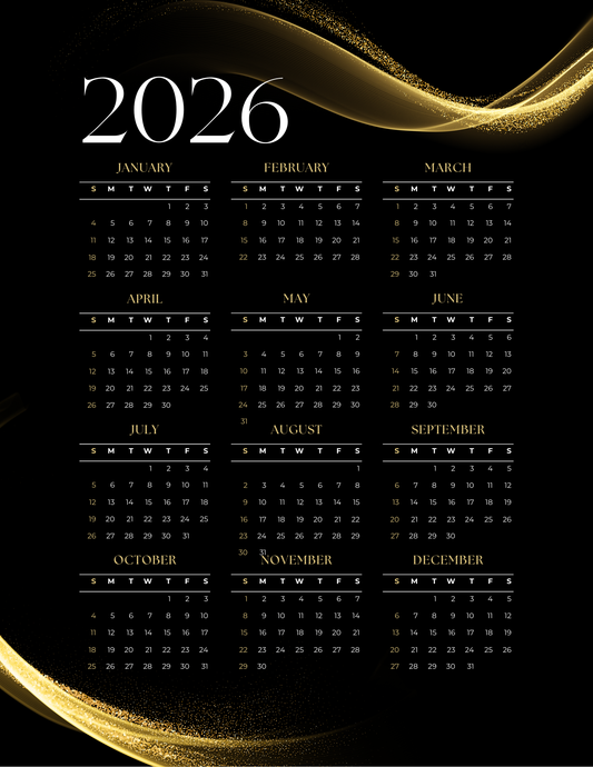 Gold Sparkle | 12-Month 2026 Calendar