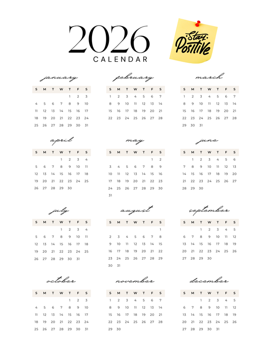 Stay Positive | 12-Month 2026 Calendar