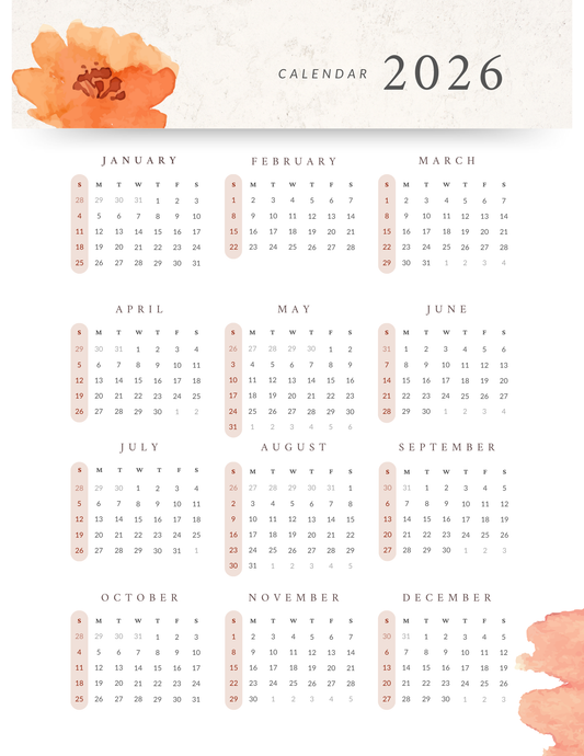 Watercolor Flower | 12-Month 2026 Calendar