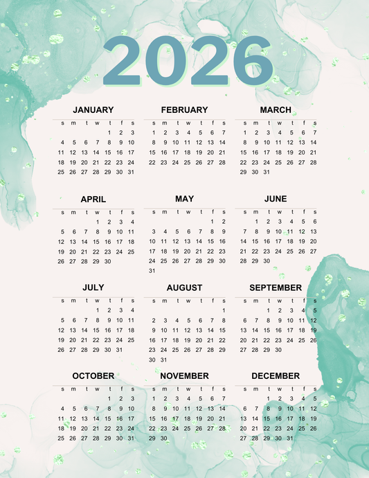 Green Watercolor | 12-Month 2026 Calendar