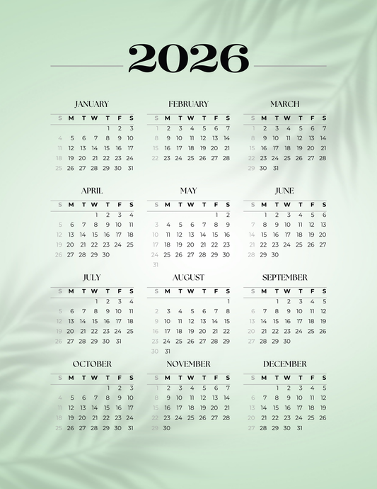 Palm Leaves | 12-Month 2026 Calendar
