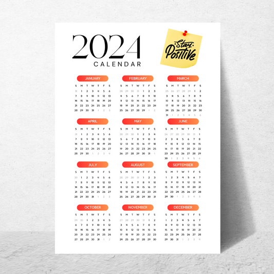 Stay Positive - (8.5x11) 12 Month 2024 Calendar for Someone in Jail or Prison