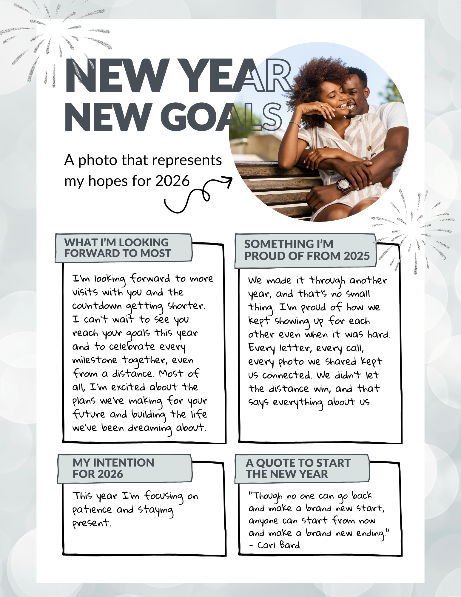 New Year's resolution card with a couple on a bench, text fields for goals and reflections, and decorative elements.